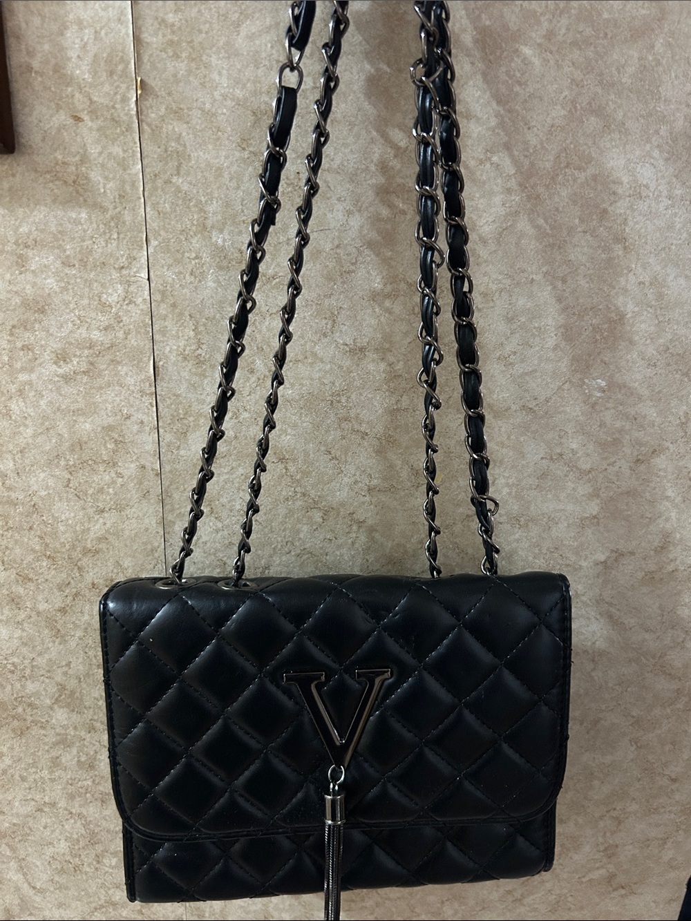 Black Quilted Women’s Shoulder Bag with Tassel